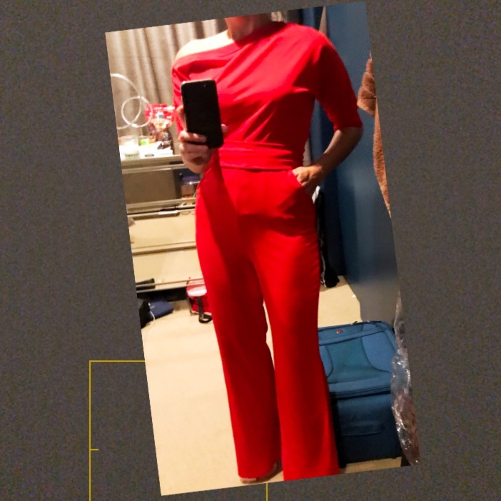 Off the shoulder red jumpsuit